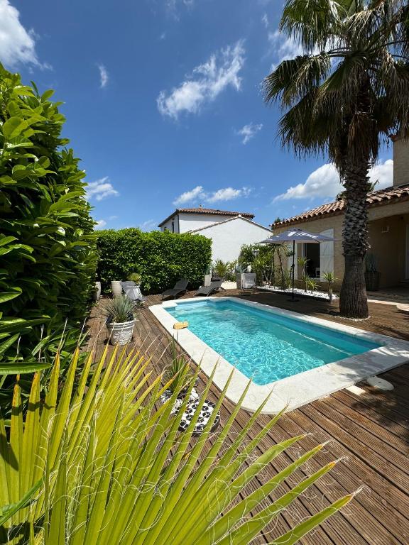 une piscine dans une cour avec un palmier dans l'établissement Villa Piscine et Jardin Ensoleillé, à Saint-André-de-Sangonis