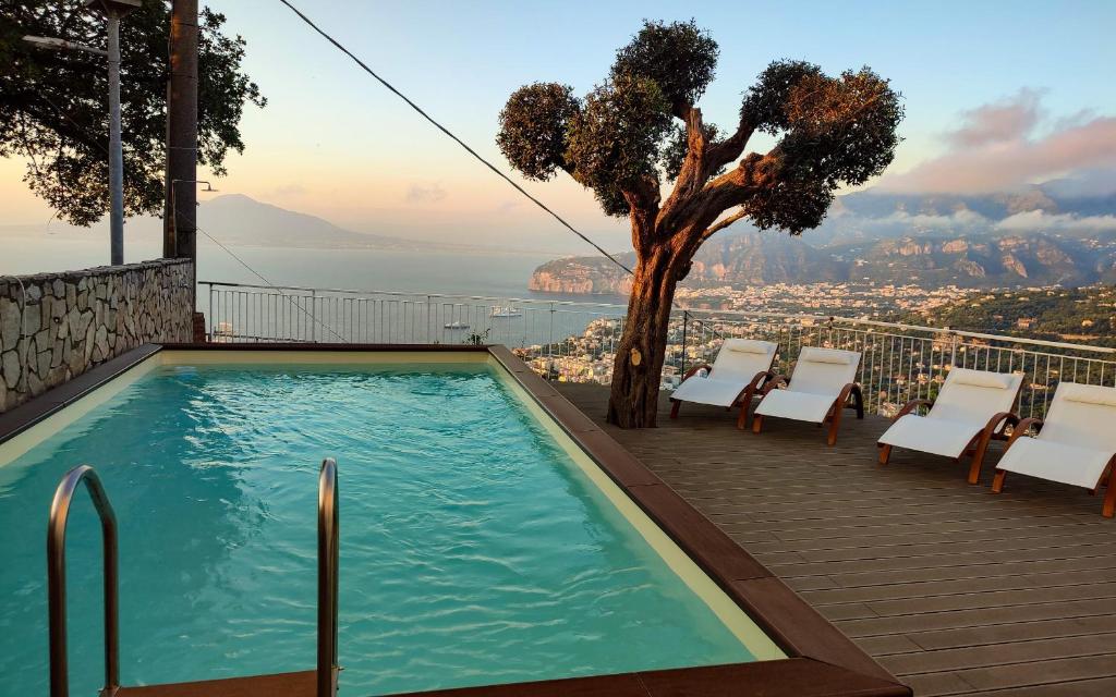 a swimming pool on a balcony with chairs and a tree at Hotel Villa Fiorita in Sorrento