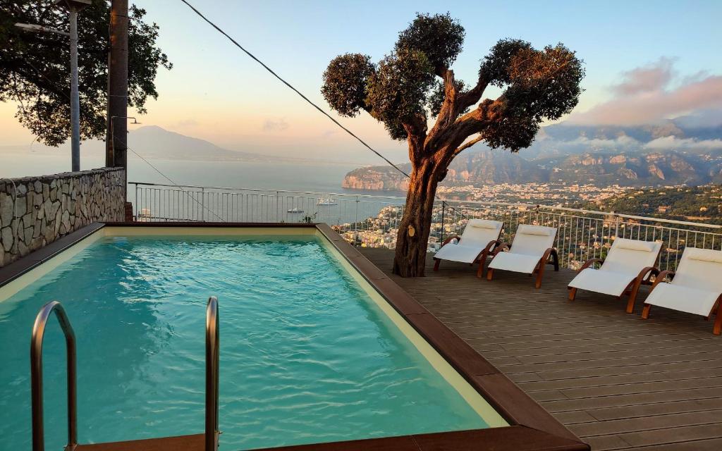 una piscina su un balcone con sedie e un albero di Hotel Villa Fiorita a Sorrento