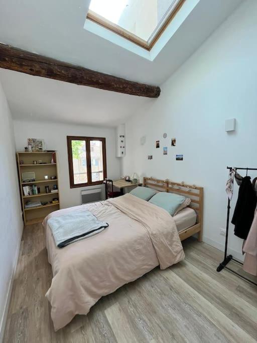 - une chambre avec un grand lit et une lucarne dans l'établissement 3 bedroom city-centre apartment, à Aix-en-Provence