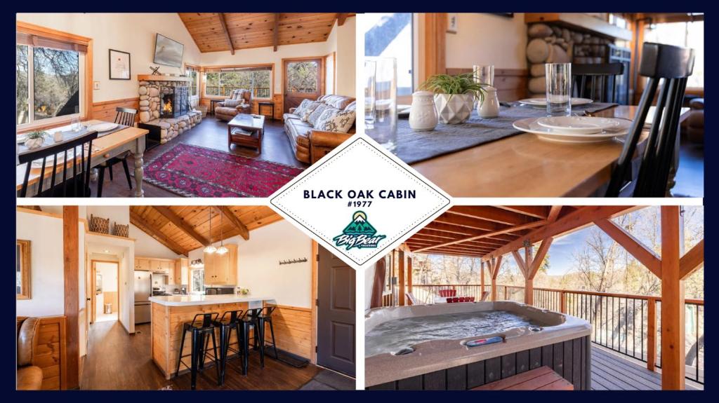 een collage van drie foto's van een huis bij 1977- Black Oak Cabin home in Big Bear Lake