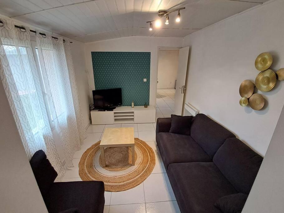 un salon avec un canapé et une table dans l'établissement maison individuelle bassin arcachon, au Teich