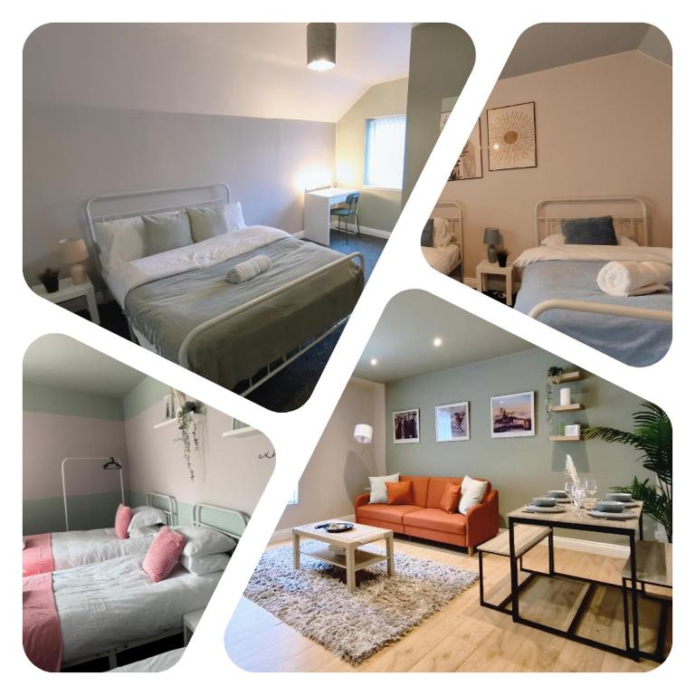 Hotel Spacious Central Duplex Apartment with 2 Bathrooms with Free Wi-Fi, Parking and Keyless Access, Sleeps up to 9 - Perfect for Groups, a collage of four pictures of a bedroom at Spacious Central Duplex Apartment with 2 Bathrooms with Free Wi-Fi, Parking and Keyless Access, Sleeps up to 9 - Perfect for Groups in Birmingham