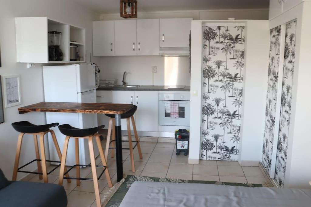 Kuchyň nebo kuchyňský kout v ubytování Studio piscine 3 îlets