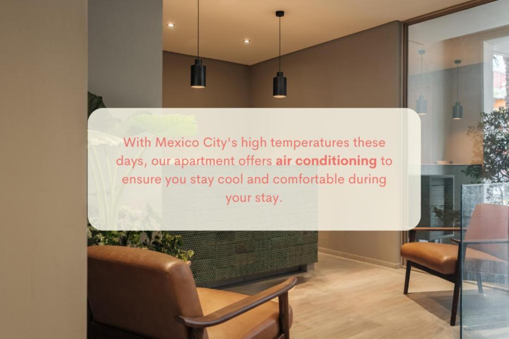 a sign that says with mozo citys high temperature temperatures these days our apartment at Casa Cibeles by Lumina in Mexico City