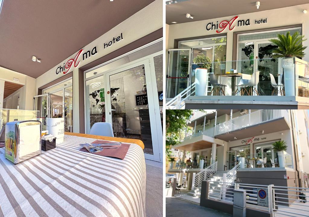 dwa zdjęcia sklepu ze stołem przed nim w obiekcie chiAma Hotel w Rimini