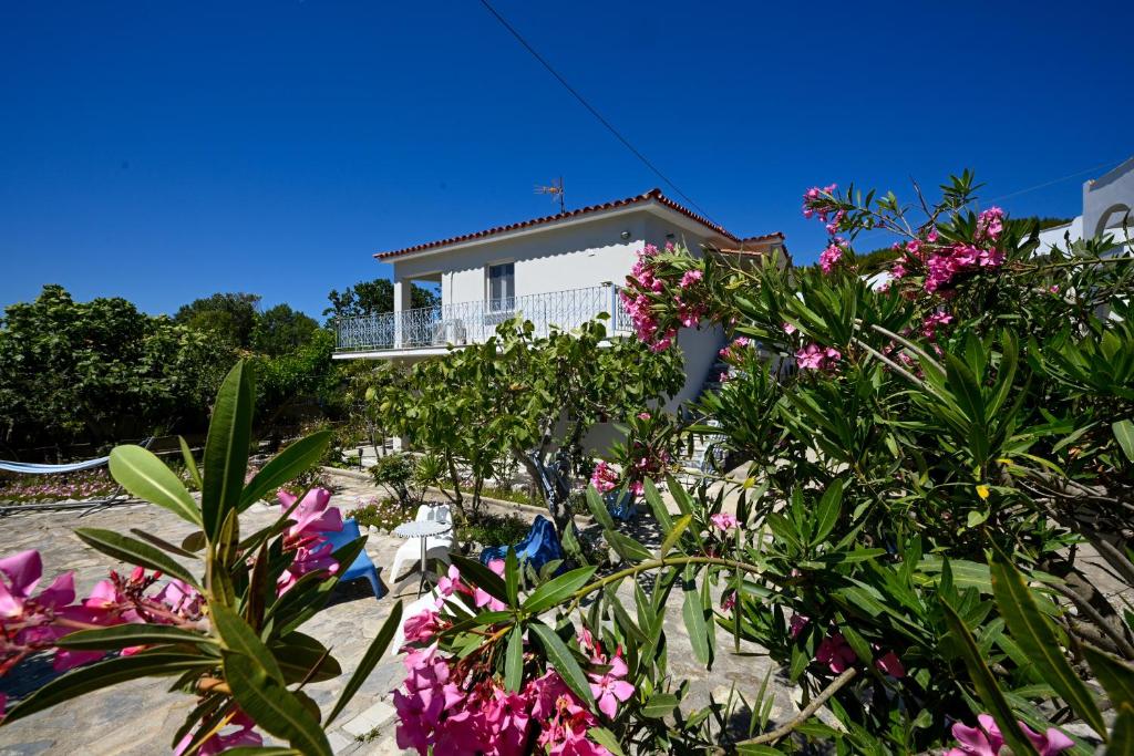 a house with flowers in front of it at Anchor Villa in Skiathos Town