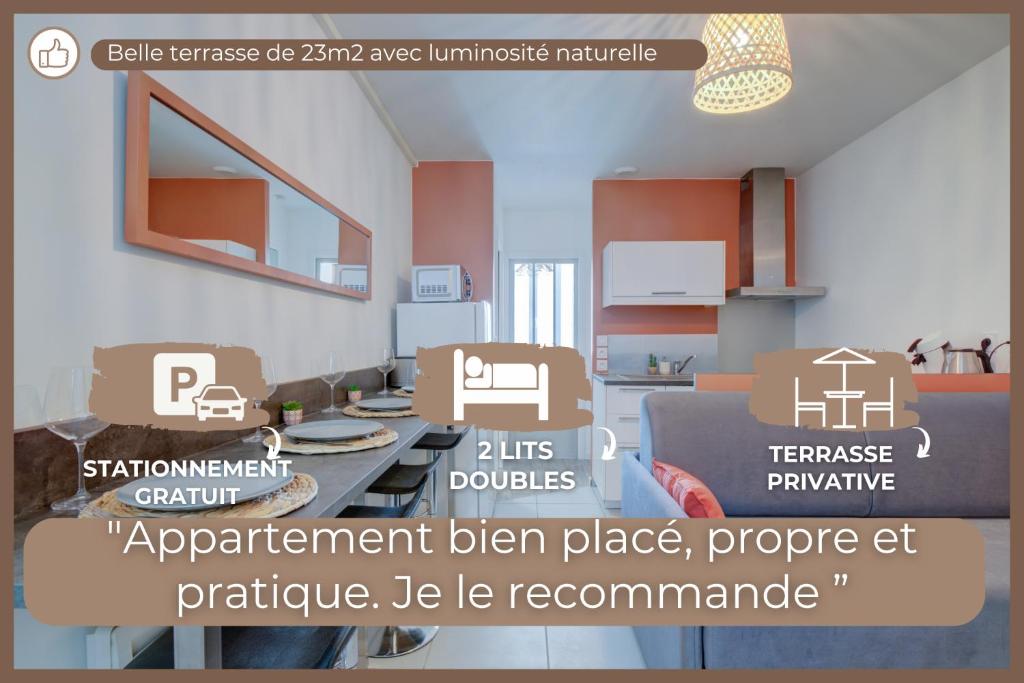a poster of a living room with a dining room at “Le Terracotta” Terrasse -Centre ville- Cosy in Bourg-en-Bresse