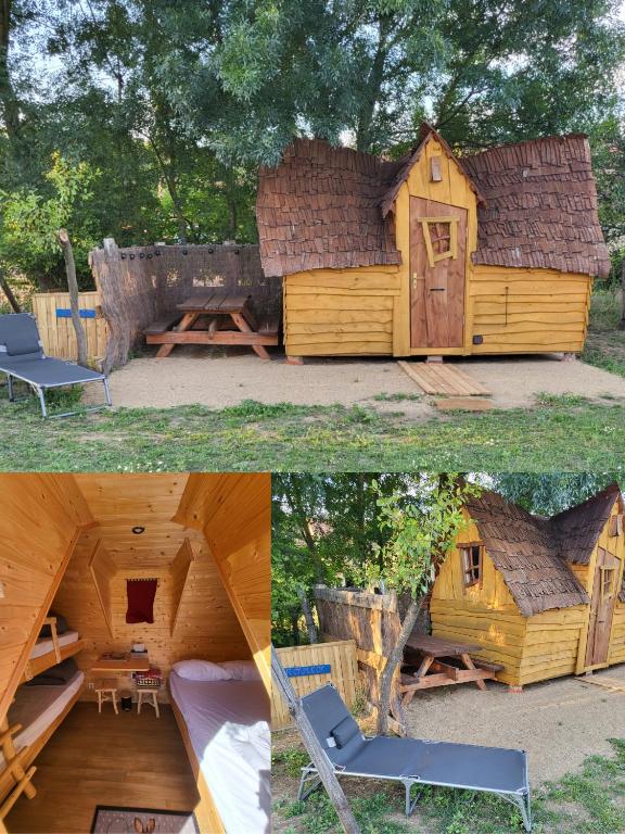 deux photos d'une cabane en rondins avec une table et un banc dans l'établissement Les cabanes du veau, à Daumeray