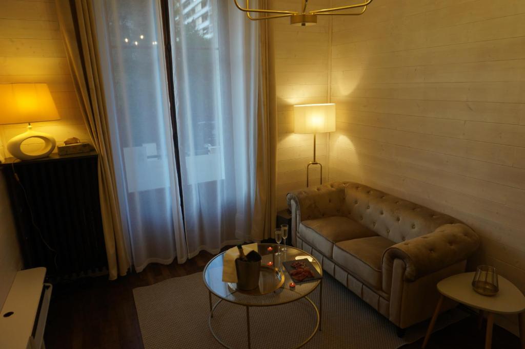 un salon avec un canapé et une table dans l'établissement L'Experience Appartement & SPA Privé CHAMBERY, à Chambéry