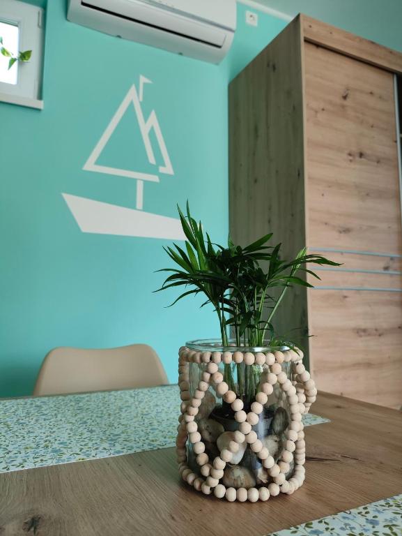 a plant in a bead vase on a table at Joó Apartman in Balatonszabadi