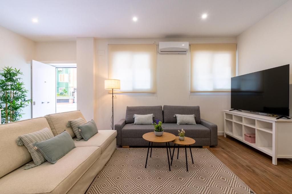 ein Wohnzimmer mit Couch und Flachbildfernseher in der Unterkunft Apartamento Boutique a estrenar in Sevilla