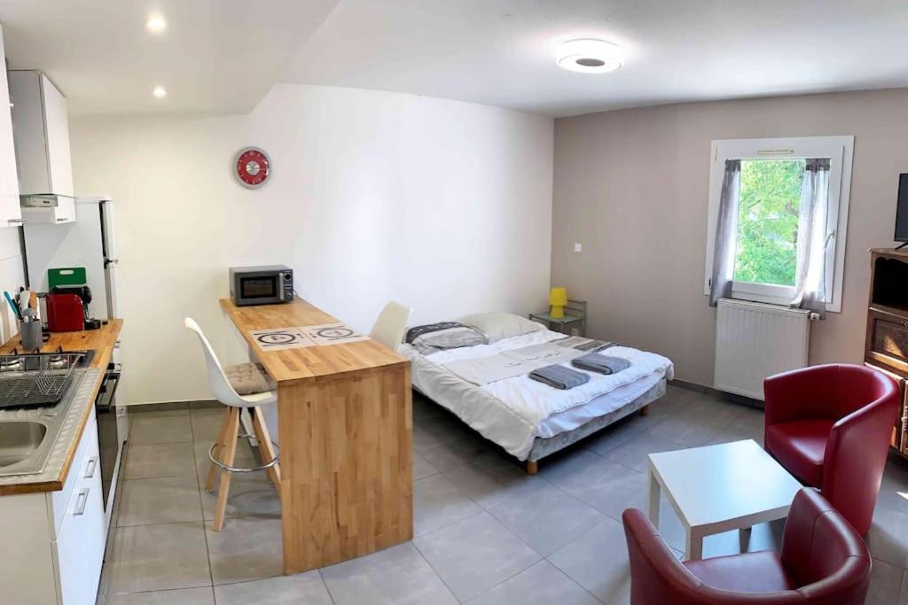 une chambre avec un lit et une cuisine avec une table dans l'établissement Studio HOCKEY, à Chambéry