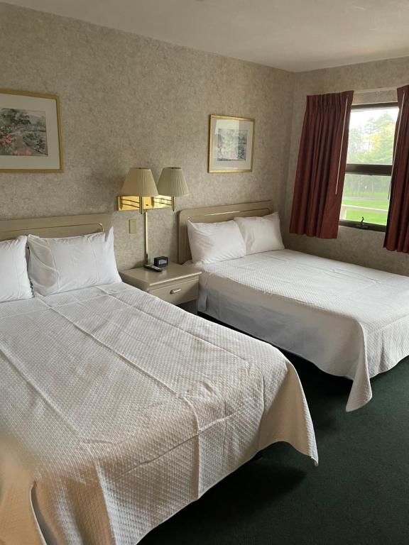 pokój hotelowy z 2 łóżkami i oknem w obiekcie Embassy Inn Motel Ithaca w mieście Ithaca