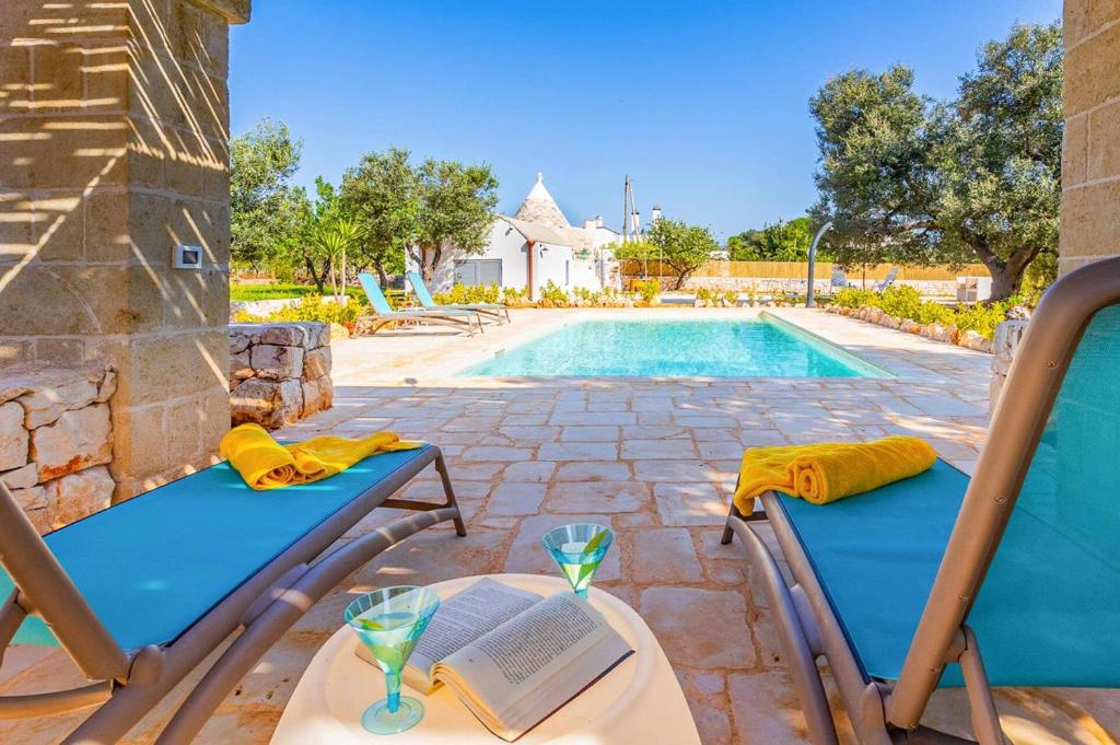un patio avec deux chaises et une piscine dans l'établissement Villa Trullo Ettore by Villa Plus, à Ceglie Messapica