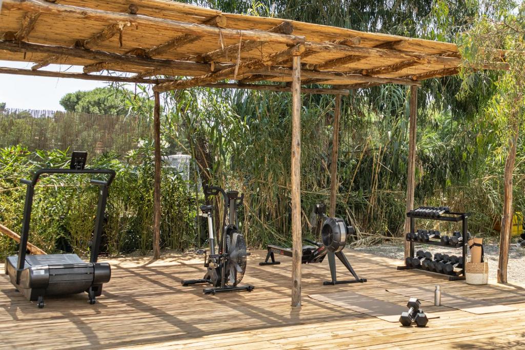 a gym with a wooden structure with exercise equipment at Ergon Beach House Nikiti in Nikiti