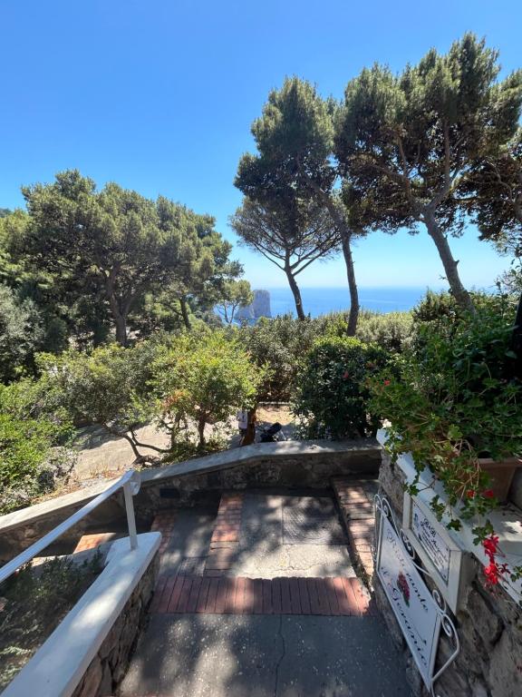 eine Treppe mit Bäumen und dem Ozean im Hintergrund in der Unterkunft AUGUSTUS PARK Capri Center in Capri