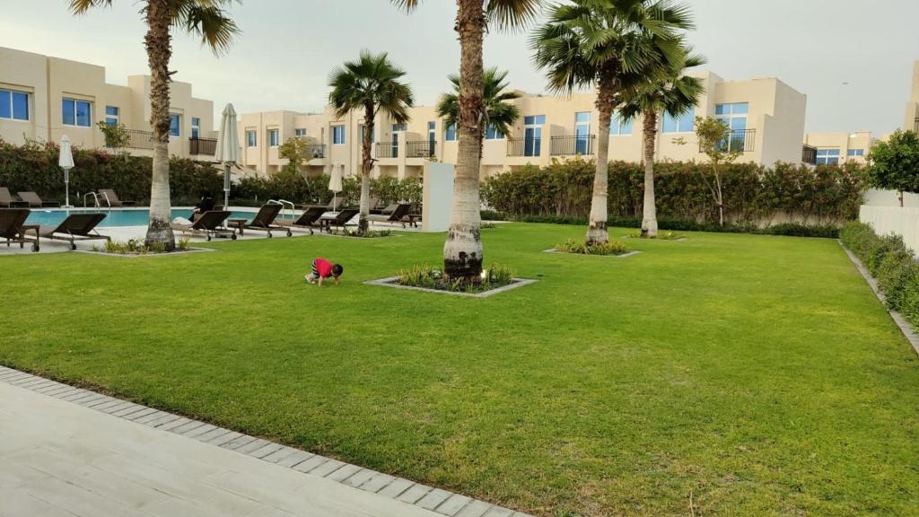 um cão parado num parque com palmeiras em Damac Hills 2 Retreat- Tranquil Luxe, Beyond City with waterpark no Dubai