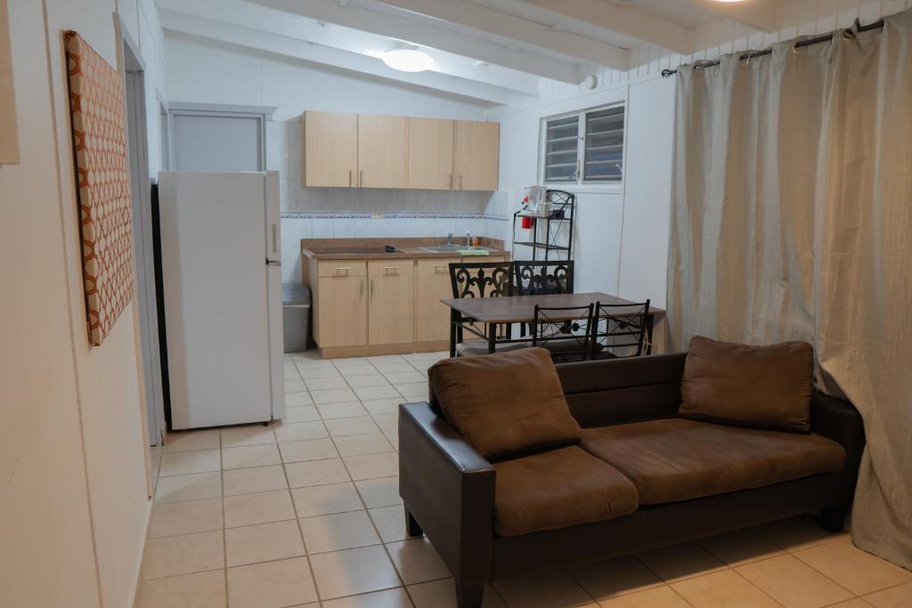 un soggiorno con divano e una cucina di Wild Flowers Apartments a Cabo Rojo