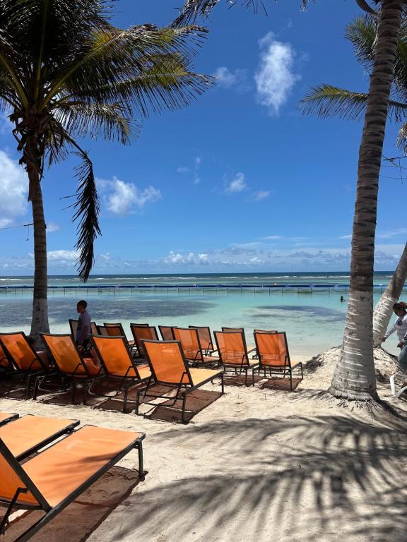 a group of beach chairs and palm trees on a beach at Oneiro Suites with Sea View in Mahahual