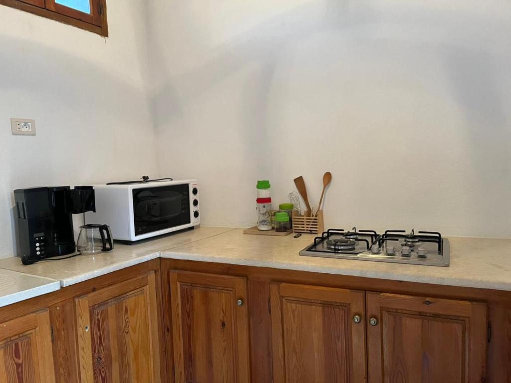 um balcão de cozinha com um micro-ondas e um fogão em Maison d'hôtes "Dar Khalifa" em Tozeur