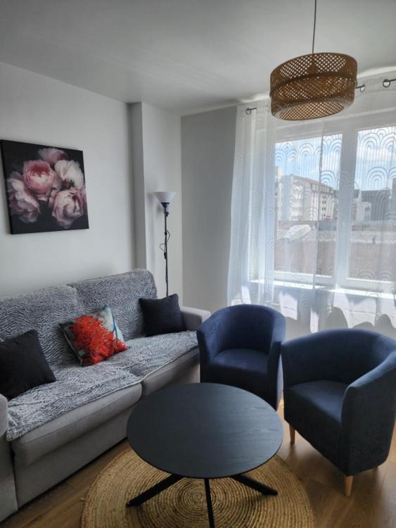 a living room with a couch and chairs and a table at Appartement Fleur De Houblon in Schiltigheim