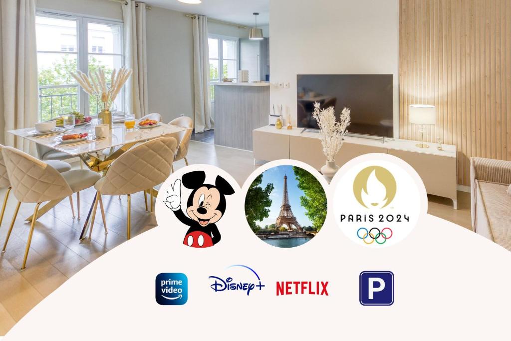 une pièce avec une table à manger et une salle à manger avec une salle à manger dans l'établissement Disneyland - Val d'Europe à pied - Paris, à Serris