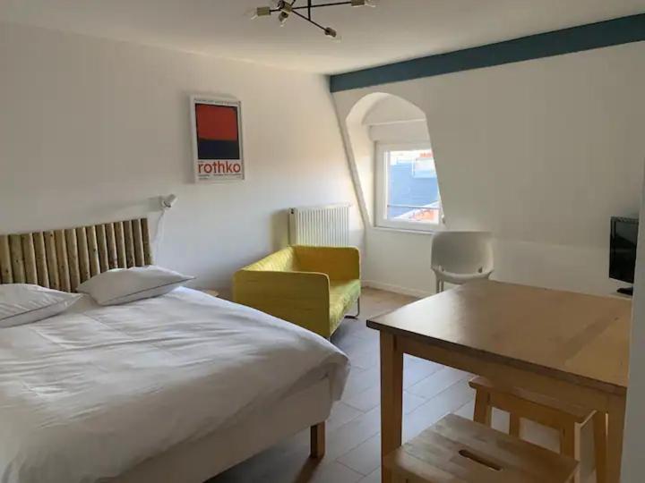 a bedroom with a bed and a desk and a chair at Studio hypercentre résidence standing in Belfort