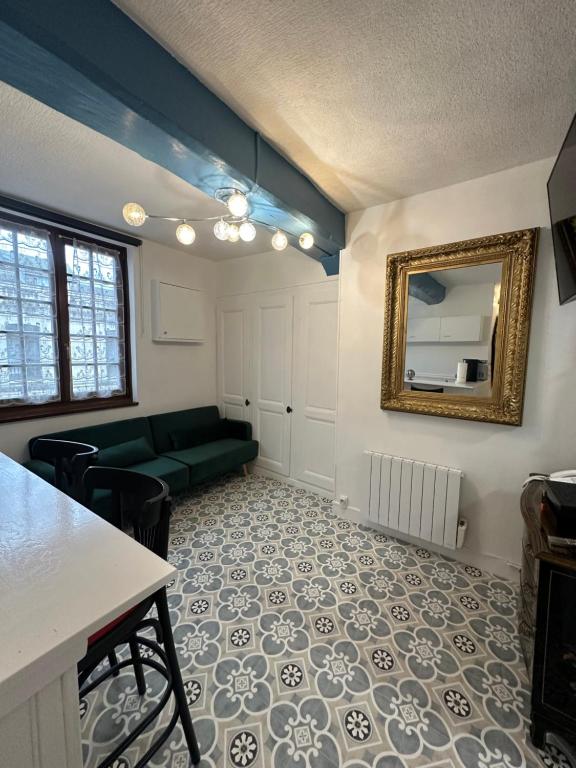 sala de estar con sofá verde y espejo en Cocon Saint Ouen Rouen, en Rouen