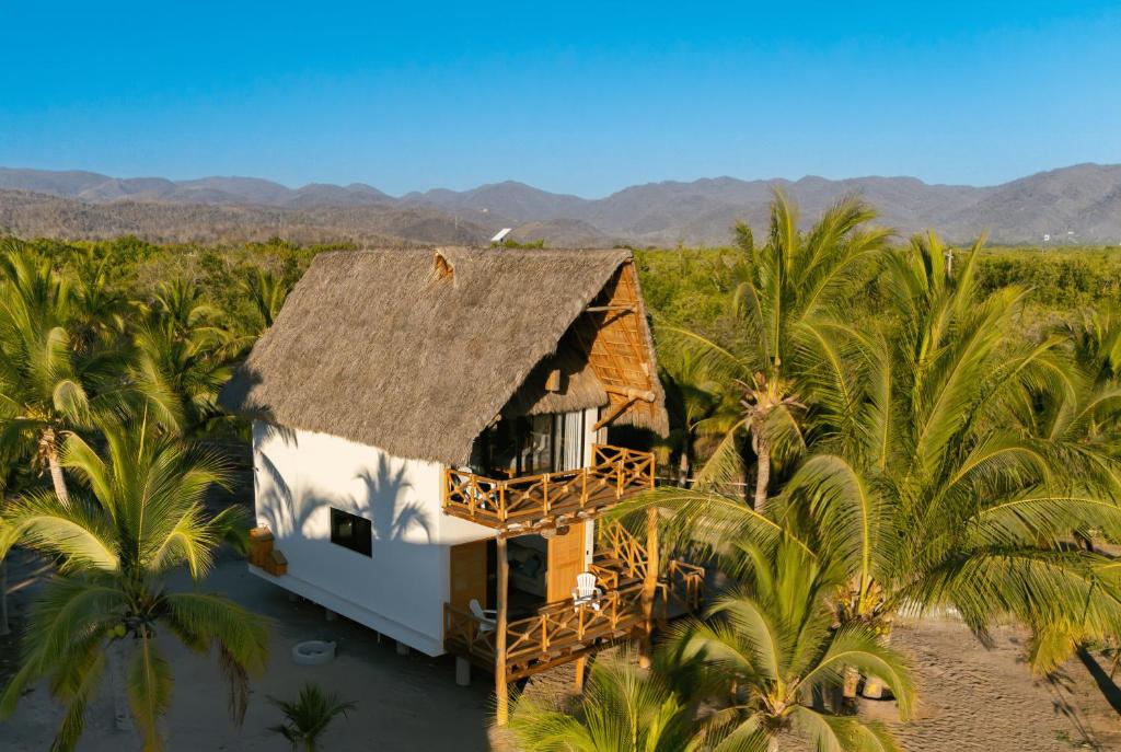 eine Luftansicht eines Hauses mit Palmen in der Unterkunft Casa Vela Palafito en playa con alberca in La Manzanilla