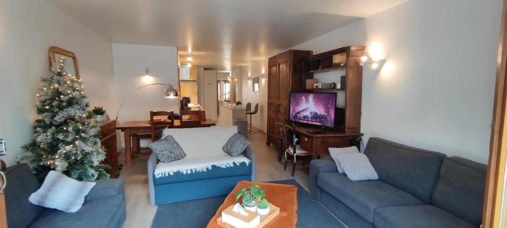 a living room with a christmas tree and a couch at Superb flat in the centre of capital, ski, Caldea in Andorra la Vella