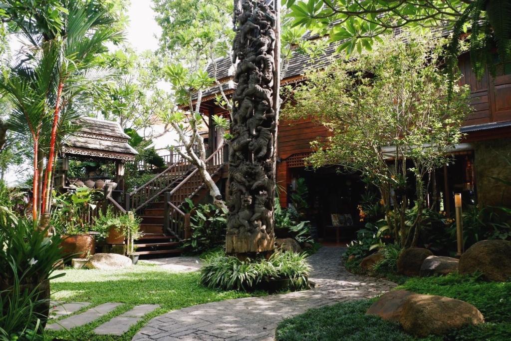 ein Garten mit einer Palme vor einem Haus in der Unterkunft Baansuwanburi - บ้านสุวรรณบุรี in Chiang Mai