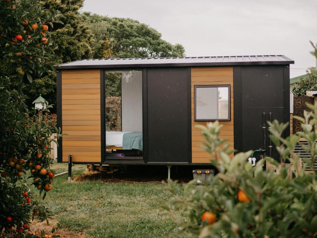 ein schwarzes und braunes winziges Haus in einem Garten in der Unterkunft Grassmere Orchard in Napier