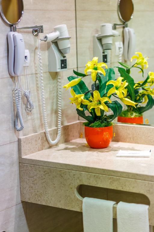 a bathroom with a phone and flowers on a counter at Hotel Caravelas in Madalena