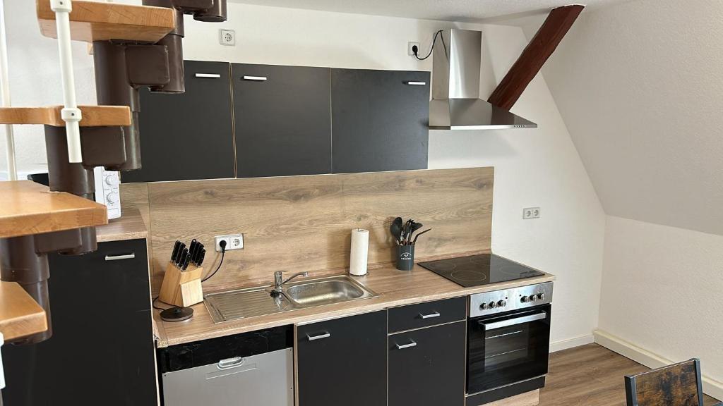 a kitchen with a sink and a stove at Seyfarthrooms - Crimmitschau 4 - 110qm, über 2 Etagen, zentral gelegen in Crimmitschau