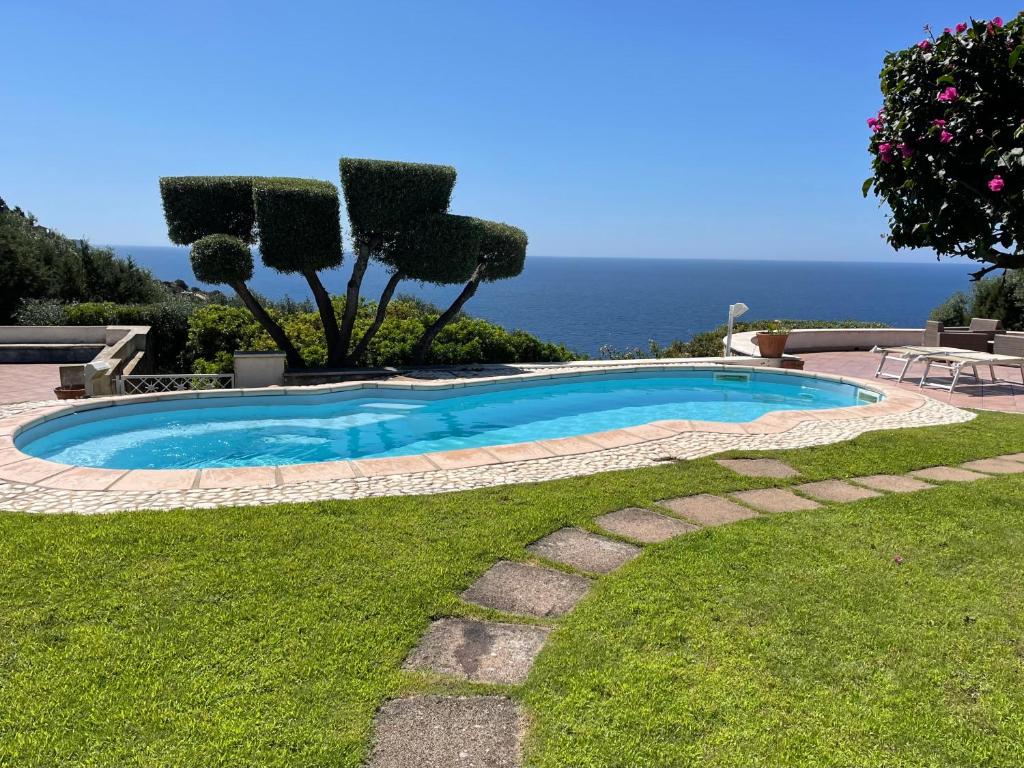 een zwembad met de oceaan op de achtergrond bij Villa Bianca, piscina e panorama in Torre delle Stelle