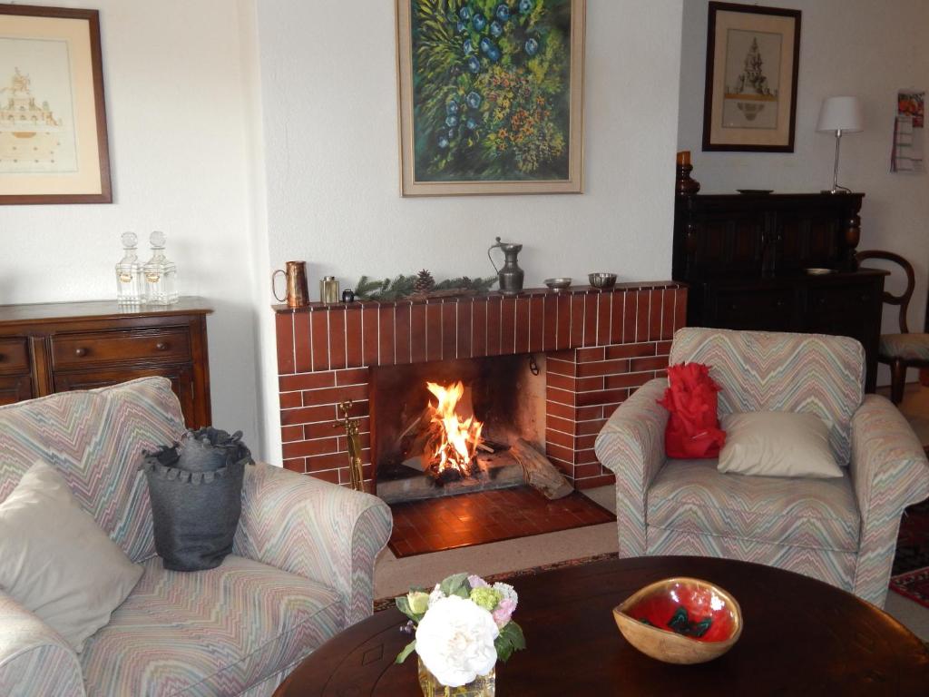 a living room with two couches and a fireplace at Crans Cozy House in Crans-Montana