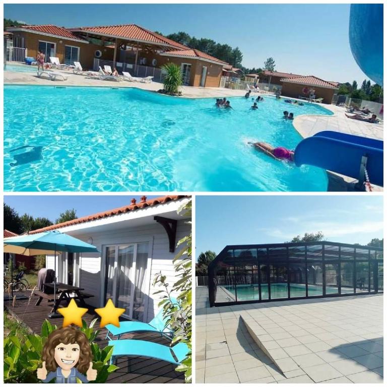 un collage de photos d'une piscine dans l'établissement Chalet dans résidence de vacances, 3 chambres, piscines, jacuzzi, au bord du lac, à Parentis-en-Born