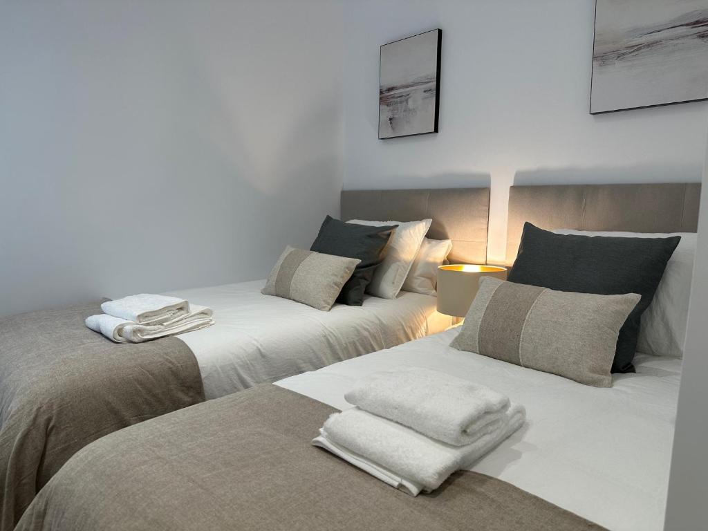 two beds sitting next to each other in a room at Apartamentos Casa Cabot - Rosario in Albacete