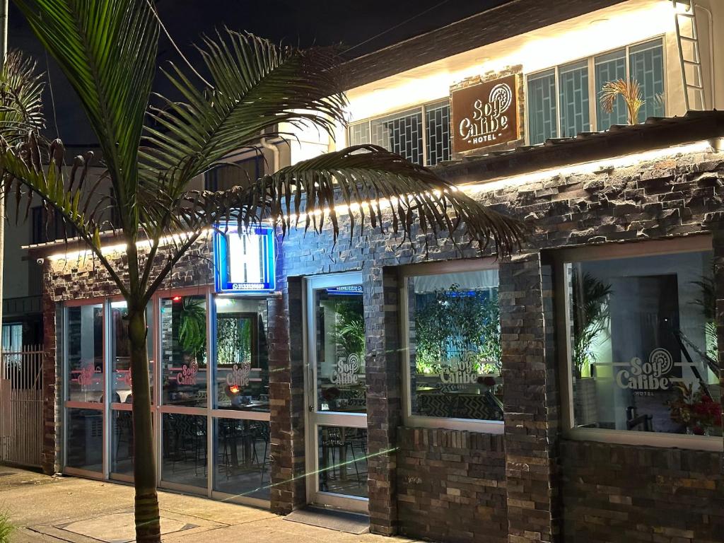 a palm tree in front of a restaurant at night at Hotel Soy Caribe in Bogotá