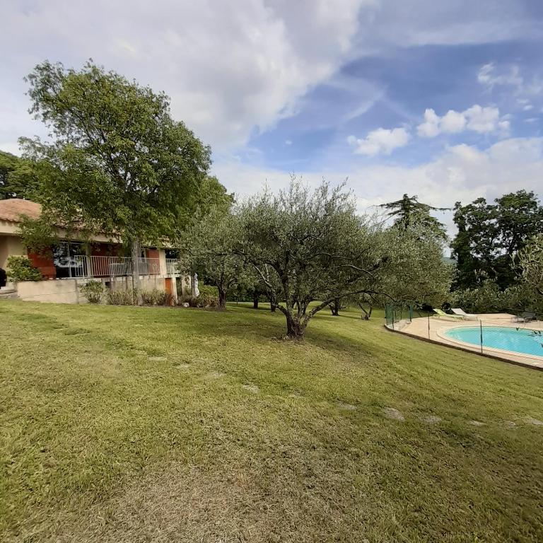 une cour avec un arbre et une piscine dans l'établissement Le Mas David, à Vézénobres