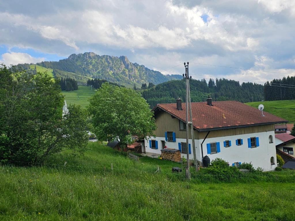 a white house with a red roof on a green field at Jungholz Erlebnis in Jungholz
