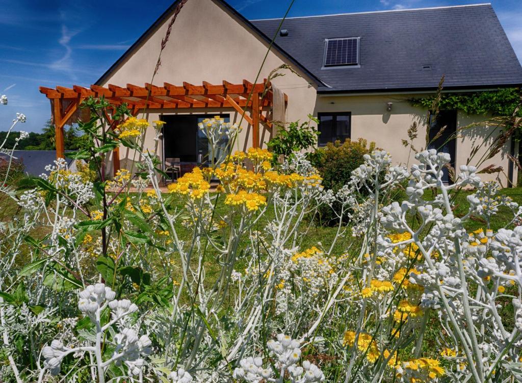 a garden with yellow flowers in front of a house at Le Logis d&#39;Emeric Confortable&amp;Fonctionnel avec jardin Clos&amp;Arboré in Loches