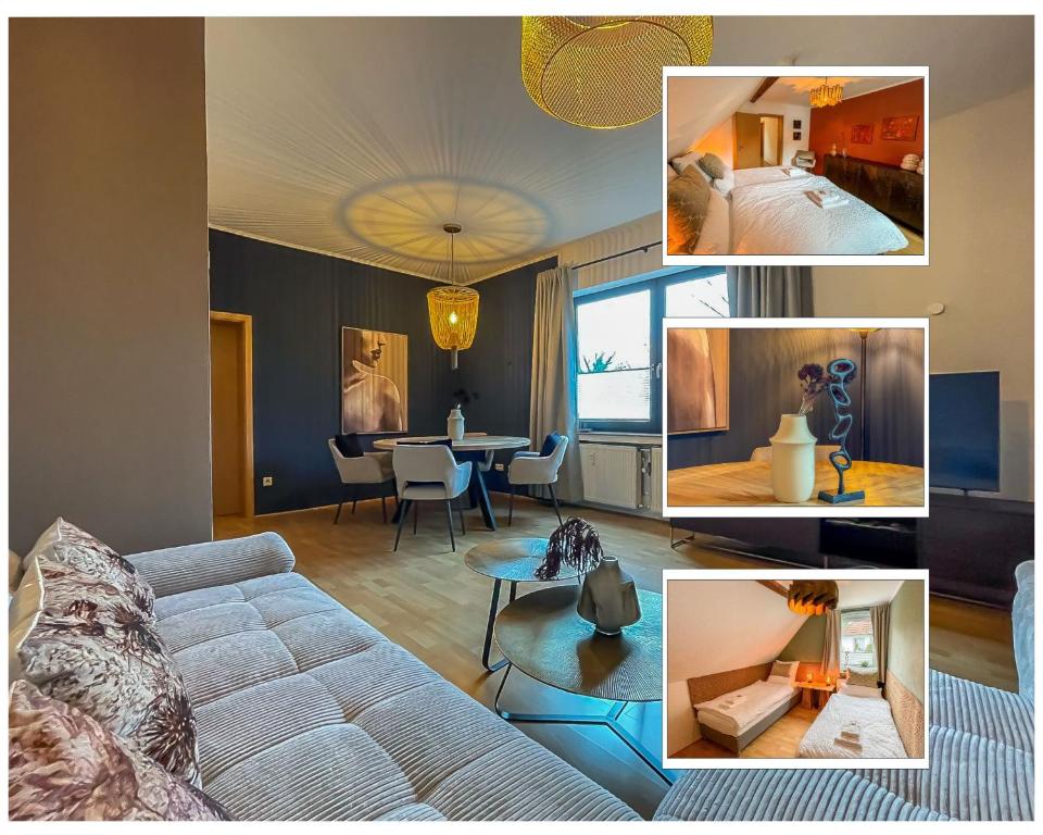 a collage of photos of a living room with a couch at Moor Feeling Apartments Worpswede in Worpswede