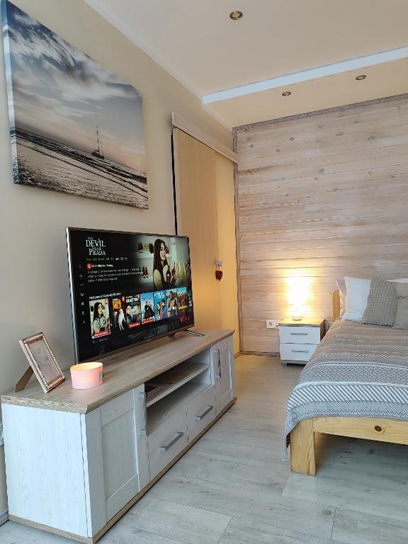 a bedroom with a bed and a flat screen tv at Apartamenti Miera Osta in Liepāja