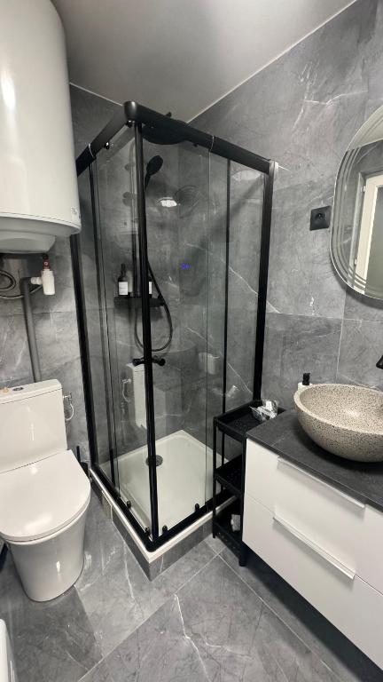 une salle de bain avec une douche, des toilettes et un lavabo dans l'établissement Studio Cosy, à Paris