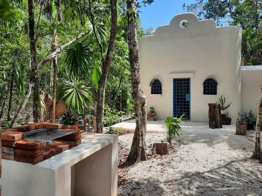- une vue sur l'extérieur d'une maison blanche avec des arbres dans l'établissement If you enjoy nature, La Antigua is the place, à Leona Vicario