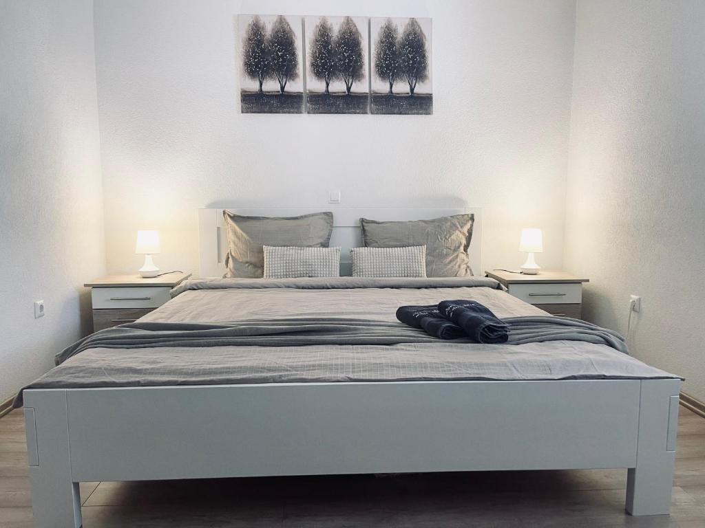 een slaapkamer met een wit bed met twee lampen bij Apartman Kiss in Jajce
