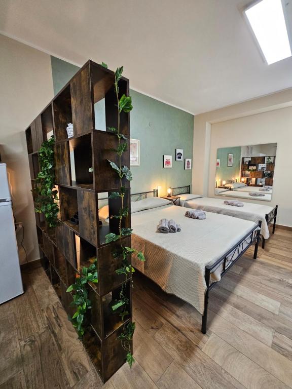 a room with a bed and a shelf with plants at RC SUITE Annunziata in Termini Imerese