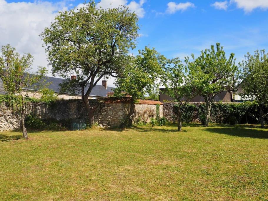 une cour avec un mur en pierre et un arbre dans l'établissement Maison de campagne proche châteaux, Blois, Loire à vélo, à Chailles